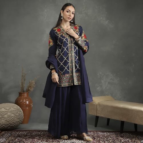 BIBA Women's Silk Chanderi Kurta Sets (CKD10746AW24BLU_Blue