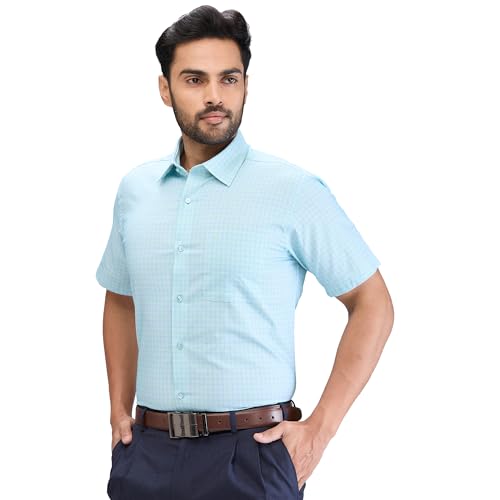 Raymond Men's Contemporary Fit Checks Pattern Pure Cotton Semi Cut Away Collar Half Sleeve Formal Shirt (Size: 44)-RMSY12320-N3 Medium Green