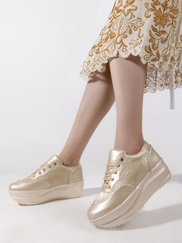 Vendoz Women Casual Wedding & Party High Heel Sneakers I Cushioned Insole I Glittery & Mettalic Bridal Wear I Lightweight and Stylish Shoes for Girls CNV4047GL-36 Gold