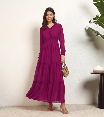 DEEBACO Women's Georgette Dobby Smocking Tiered Maxi Dress|Sleeveless|V-Neck Frill|Casual Trending Fashion Long One Piece Dresses Women Western(DBDR00002281_XL_Magenta)