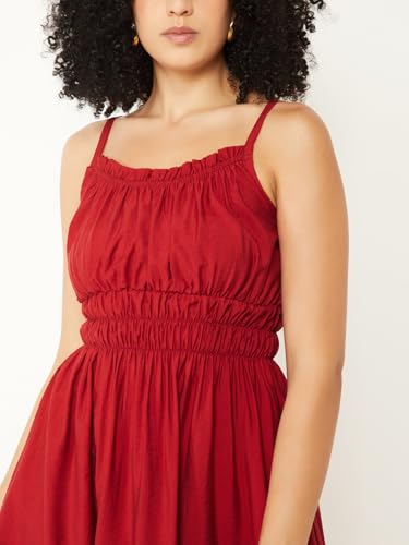 Max Women Solid A-line Midi Dress (Red_XS)