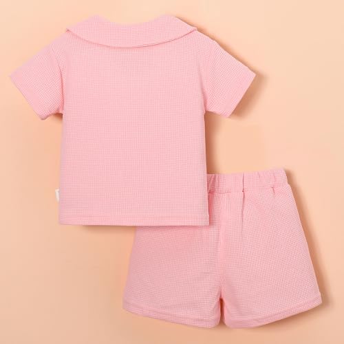 Hopscotch Girls Short Sleeves Pink 2-Pc 3D Floral Applique Shorts Set (12-24 Months)