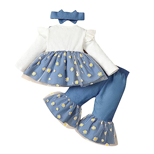 Hopscotch Polyester Girls Floral Print Top Pant Set With Headband In Blue Color For Ages 12-24 Months