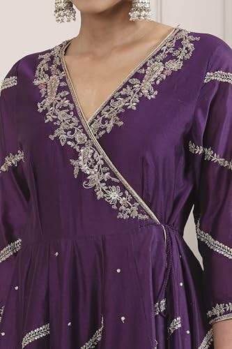 Biba Women Purple Chanderi Silk Anarkali Suit Set_36