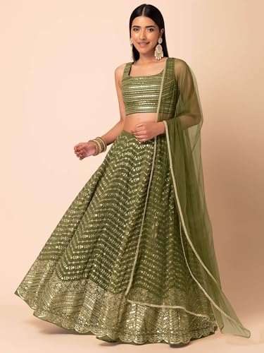 Zeel Clothing Women's Sequins Zari Embroidered Georgette Designer Lehenga Choli with Dupatta (7093-Green-Womens-Lehenga-Choli-Latest; Free Size) (Green)