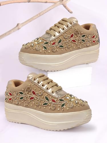 LENSBURY Women Hand Embroidery Wedding Party Bridal Sneakers 4032GL-38 Gold