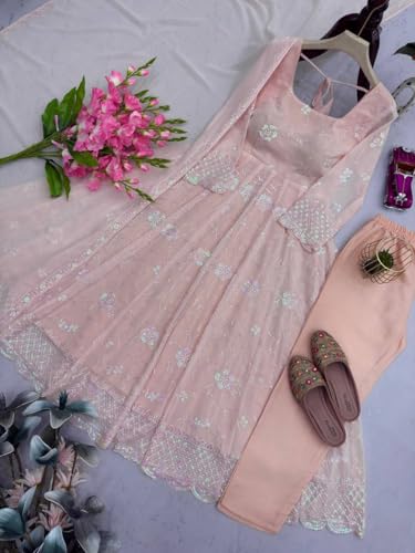 SIRIO CRAFT Women’s Peach Pink Embroidered Anarkali Gown with Dupatta Ethnic Dress for Wedding & Festive (in, Alpha, L, Regular, Woman, pich Pink)