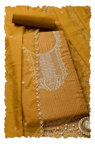 Soch Womens Mustard Organza Geometric Print Unstitch Dress Material With Zari