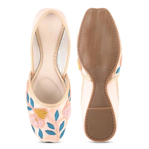 Froh Feet Ethnic Jutti for Women Traditional Handmade Fulkari Jutti Slip-On Shoes Bellies for Women Wedding party Festival Occasion - Peach