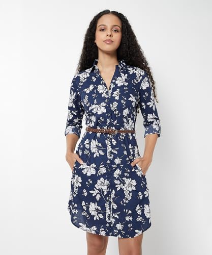 Max Women Printed Shirt Dress with Belt(Blue_L)