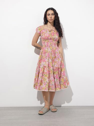 Divena Baby Pink Shoulder Strapes Fit & Flared Cotton Dress-DK2322