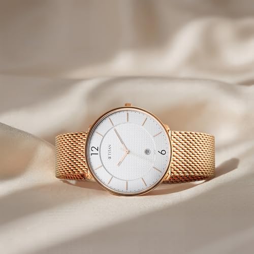 Titan Black & Gold Quartz Analog with Date White Dial Rose Gold Stainless Steel Strap Watch for Men - NT1849WM01