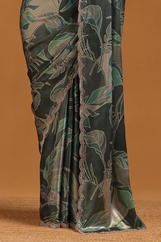 Soch Womens Teal Satin Botanical Saree With Stone Work