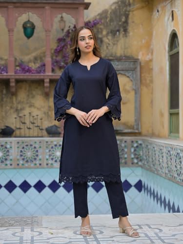 Divena Navy Blue Cotton Straight Fit Lace Border Kurta with Trouser