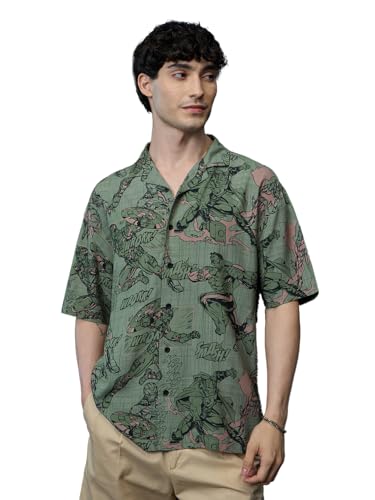 The Souled Store Avengers: Comics Men and Boys Short Sleeves Collared Neck Button Front Green All Over Printed Viscose Oversized Shirts