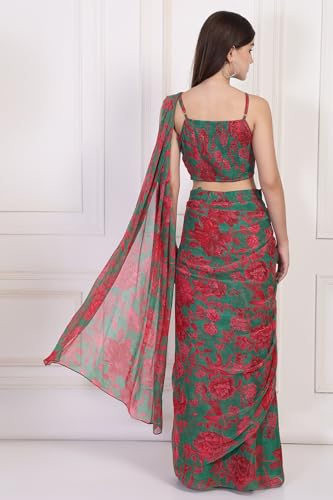 W for Woman Green Floral Printed Pre-Draped Georgette Saree with Blouse - (WS13897-127595-XL)