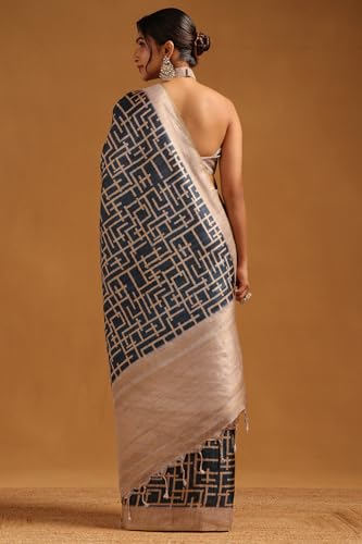 Soch Womens Blue Tussar Geometric Printed Saree
