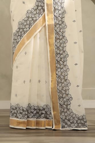 Soch Womens Navy Blue Cotton Kasavu Embroidered Saree With Cutwork