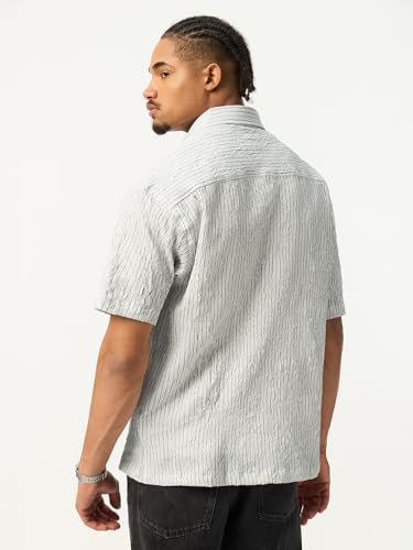 The Souled Store: Linear Men and Boys Short Sleeve Spread Collar Light Grey Textured Polyester Blend Lightweight Everyday Office Wear Drop Shoulder Streetwear Casual Oversized Shirt