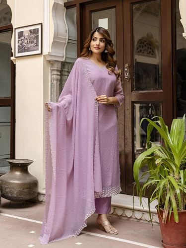 TRENDMALLS Women's Chanderi Siroski work Kurta Palazzo Set with Dupatta (G261-Purple-XXL)