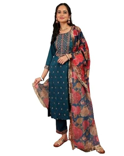 Varanga Women Teal Embroidered Straight Kurta Paired With Tonal Bottom And Printed Dupatta.