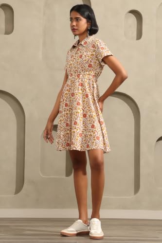Soch Womens Beige Cotton Botanical Printed Cinched Waist Dress
