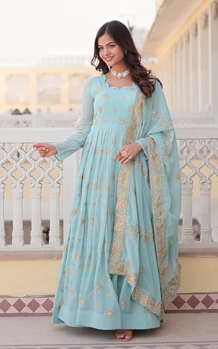 Fashion Basket Havy Georgette Embroidered Anarkali Dress for Women Sky Blue