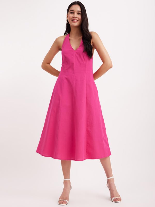 FableStreet Linen Princess Line Dress - Fuchsia