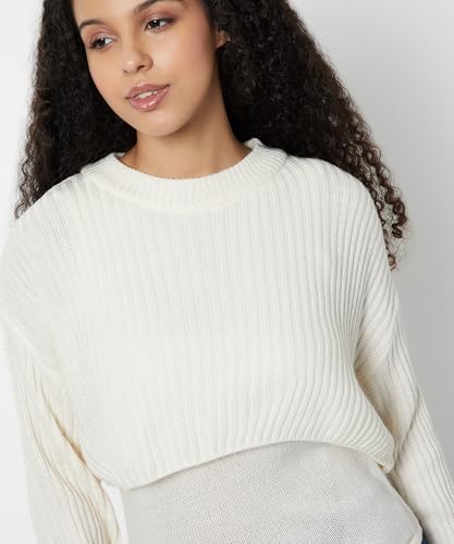 Max Women Ribbed Layered Sweater(White_XXL)
