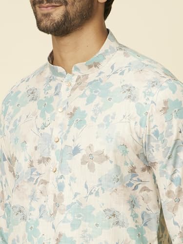 Manyavar Men's Aqua Green Floral Printed Kurta (M)