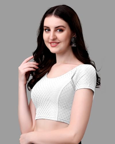 Kipzy Women's Cotton Stretchable Saree Blouse – Round Neck, Short Sleeves, Readymade Slim Fit Blouse for Women (White, 28)