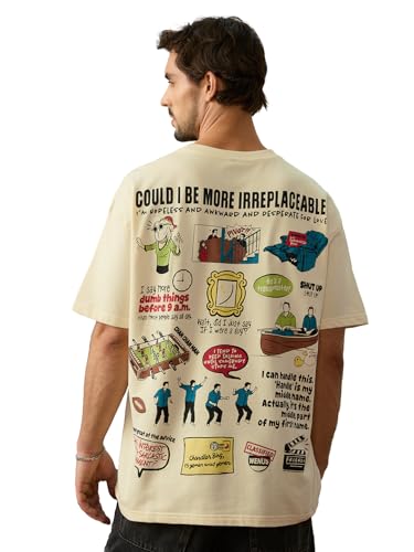 The Souled Store Friends: Chandler Bing Men and Boys Short Sleeves Round Neck Beige Graphic Printed Cotton Oversized T-Shirts
