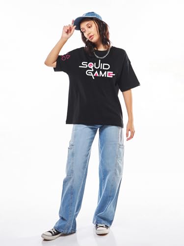 Bewakoof Official Squid Game Merchandise Women's Typography Oversized Fit Half Sleeve Round Neck Cotton Jersey T-Shirt_655109_Black_3XL