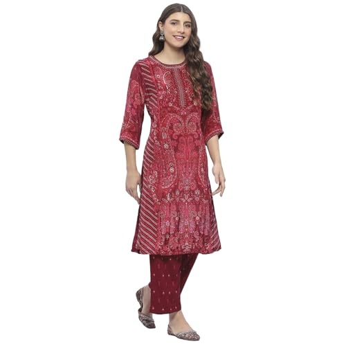 Biba Women Burgundy Crepe Straight Kurta Set_42