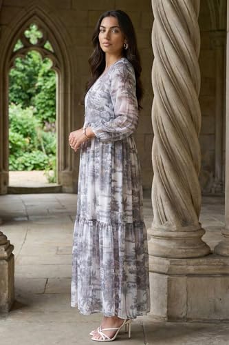 W for Woman Grey Floral Printed Silver Chiffon Flared Dress - (W14083-127343-3XL)