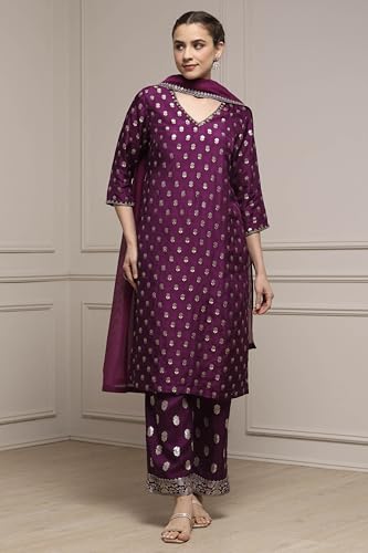 Biba Women Purple Viscose Gathered Yarndyed Suit Set_42