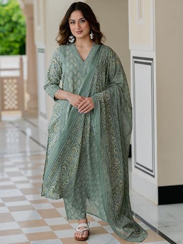 Arayna Women’s Cotton Printed Kurta Set with Pants & Dupatta | Elegant Ethnic Wear for Women | Floral Print | Comfortable Suit Set, Pastel Green, Small