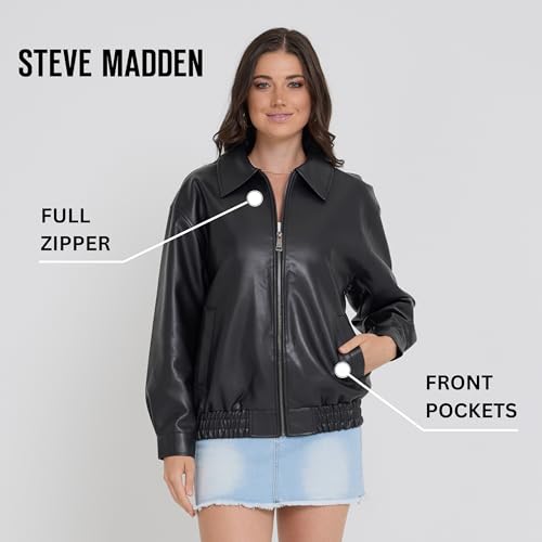 Steve Madden Leather Jacket Women – Faux Leather Oversized Bomber Jacket Women, Plus Size Motorcycle Jackets, Black, X-Large