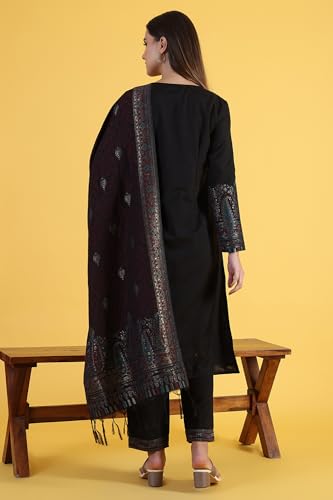 W for Woman Black Yarn Dyed Sequins A-Line Kurta & Straight Pant with Dupatta Set (Size: XL)-24NOWS11842-314128