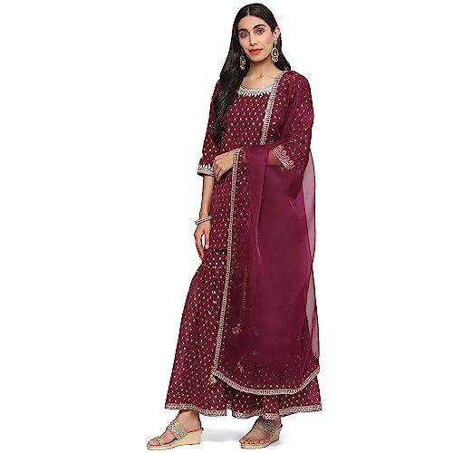 BIBA WOMEN YARNDYED RELAXED SALWAR KURTA DUPATTA(SKDBANARAS8142_WINE_32)