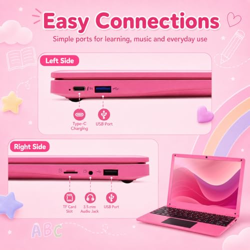 Fwmntu 10.1 Inch Android 13 Mini Laptop 2GB RAM 64GB Memory HD IPS Display 1280*800 Pixels Portable Netbook with Allwinner A133 CPU (Pink)