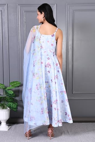 W for Woman Blue Floral Printed Thread Work Chanderi Flared Dress and Dupatta Set (Size: 3XL)-WS12493-125416