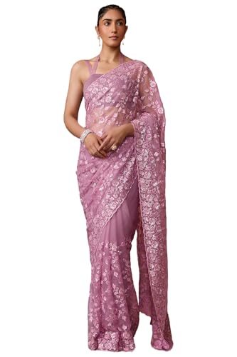 Soch Womens Light Lavender Georgette Embroidered Saree