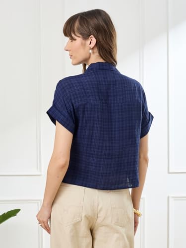 Latin Quarters Women's Blue Cap Sleeves Collar Neck Casual Embroidery Shirt_M