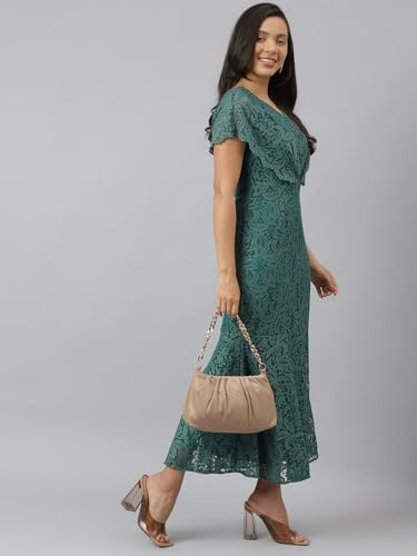 Latin Quarters Women's Green Short Sleeves V-Neck Self Design Party Maxi Dress_S