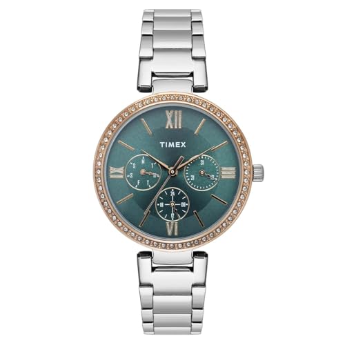 TIMEX Analog Watch for Women with Teal Round Dial & Silver Stainless Steel Bracelet Band Water Resistant Women's Wrist Watches - TWEL18706