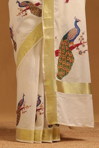Soch Womens Cream Cotton Bird Motifs Kasavu Saree
