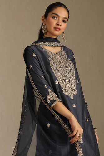 Soch Womens Charcoal Chanderi Embroidered Suit Set Sequins