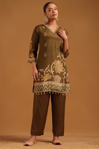 Soch Womens Olive Crepe Botanical Salwar Suit With Beads