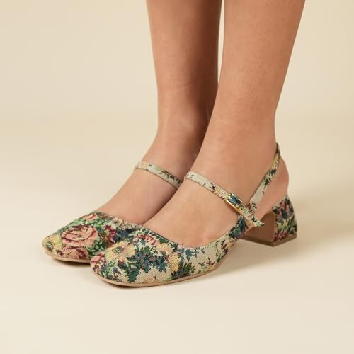Theater Women Twiggy Multi-Color Floral Mary Jane Heels | Square Toe Slingback Block Heel Sandals with Adjustable Strap | Comfortable & Stylish Shoes for Office, Party & Casual Wear
